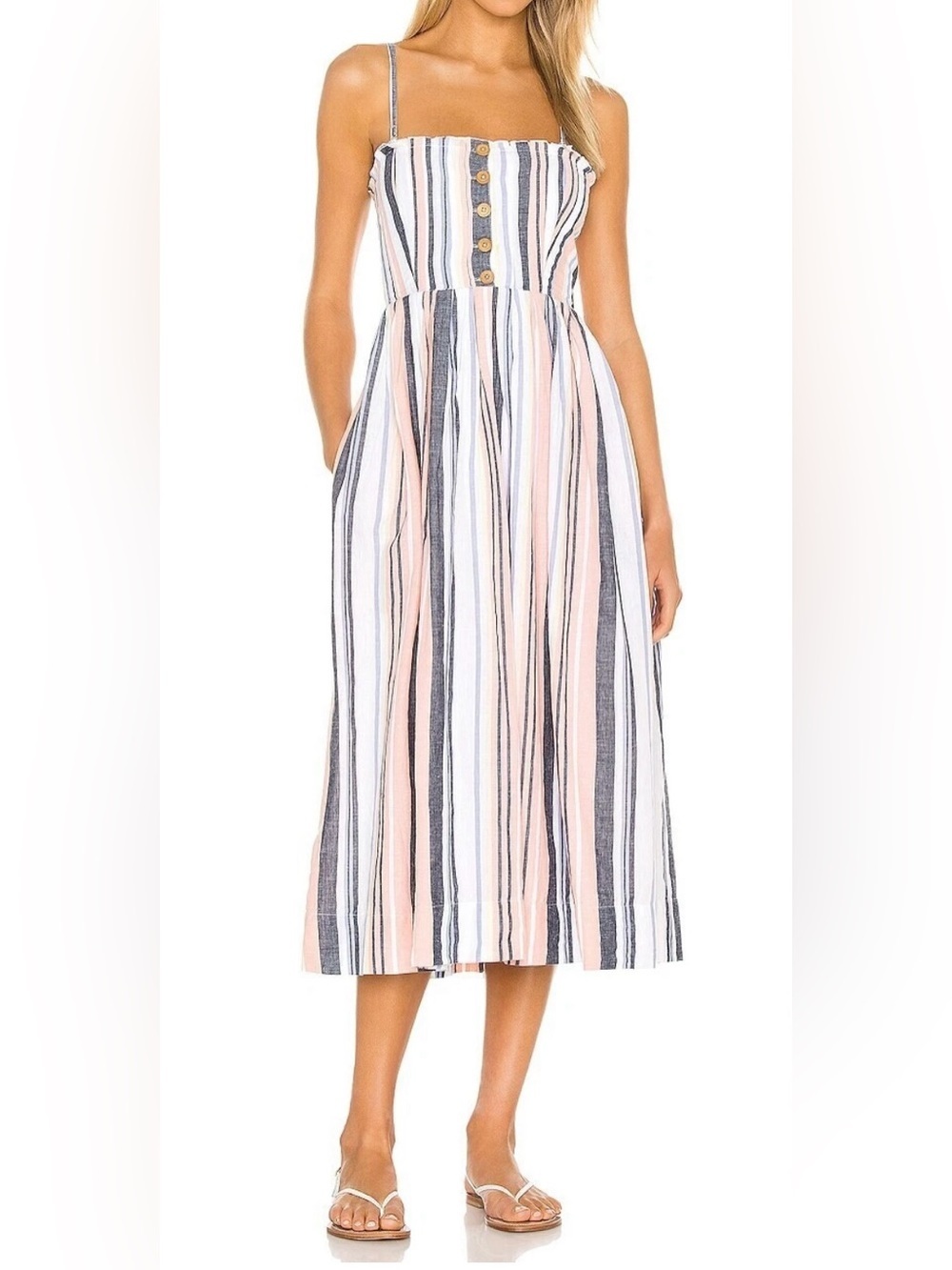 Free People White Pink and Blue Striped Cotton Midi Dress - Size M
